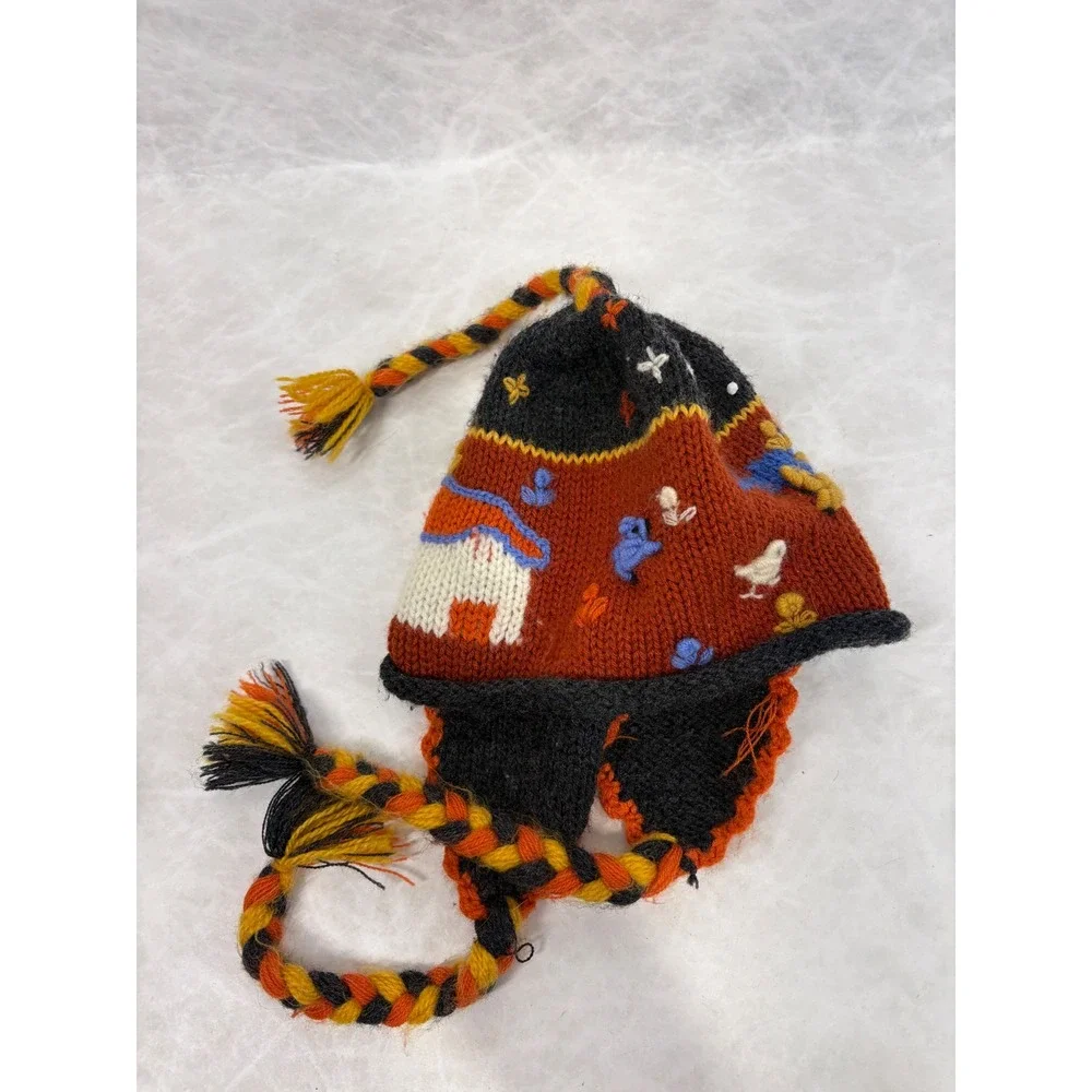 Vintage Hand Knit Kids Chullo Hat‎ Earflaps Tassels Folk Art House Bird Orange